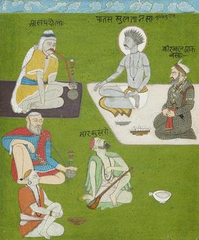 A meeting of holy men and ascetics attended by a noble. Opaque pigments and gold on paper. Rajasthan, Mewar. 19th century