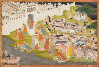 Return of the herd at the sacred hour of cowdust. Opaque pigments and gold on paper. Punjab Hills, Himachal Pradesh, Mandi, possibly Sajnu or his workshop. Circa 1805