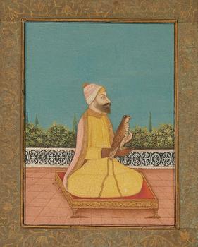 An album leaf with a portrait of a Sikh Guru. Opaque pigments and gold on paper. Mughal Empire, India. 18th century