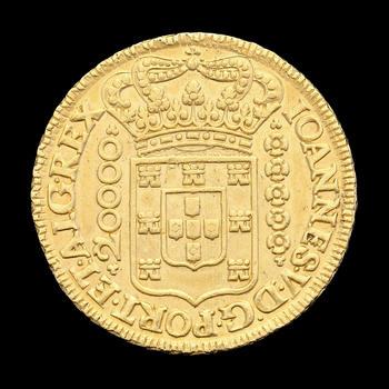 Brésil, Jo?o V (1724-1750), 20.000 reis en or, 1726, Minas Gerais, tranche feuillagée, diam. 3,8 cm, 53,4 g.