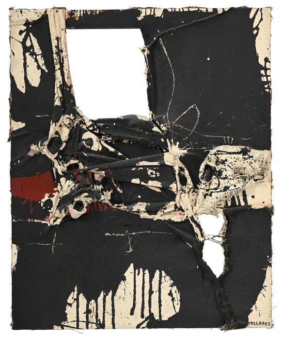 Piguet - H?tel des VentesManolo Millares (1926-1972),  Cuadro , 1960, tech. mixte sur toile de jute, signée, contresignée, datée et titrée, 100x81
