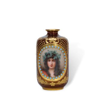 1900 Vienna (Austria) Art Nouveau Heavy Gilt Small Porcelain Vase with Flora from Roman Mythology
