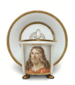 1816–1824, Meissen (Germany) Porcelain Cup and Saucer with 24K Gold Figure Portraits
