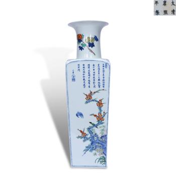 Qing Dynasty Kangxi period, Blue-and-white wucai vase with round top and square base, decorated with flower, bird and poem