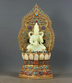 銅鎏金花絲鑲嵌和田玉佛像一尊