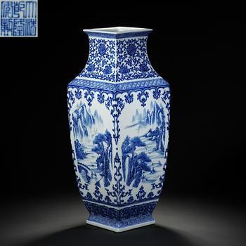 Qianlong Period Underglaze Blue Square Zun Vessel with Landscape