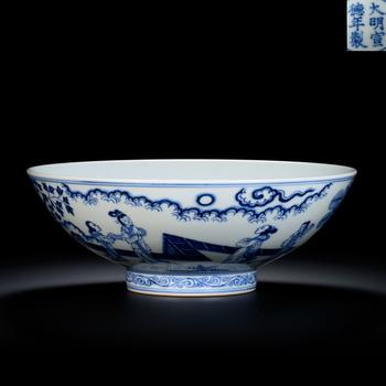 Xuande Marked Underglaze Blue Bowl with Ladies in a Garden
