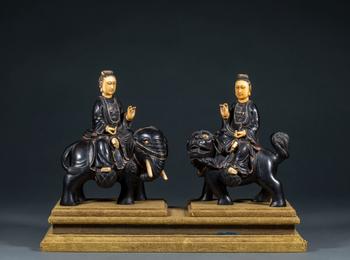 清 紫檀嵌珍寶 文殊普賢 佛坐像