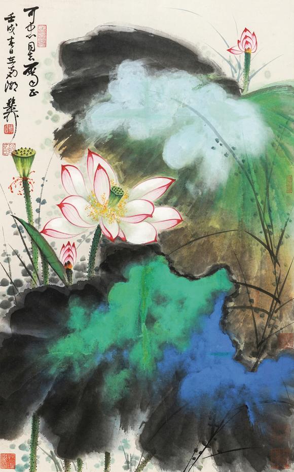中鴻信謝稚柳（1910-1997）?映日紅荷
