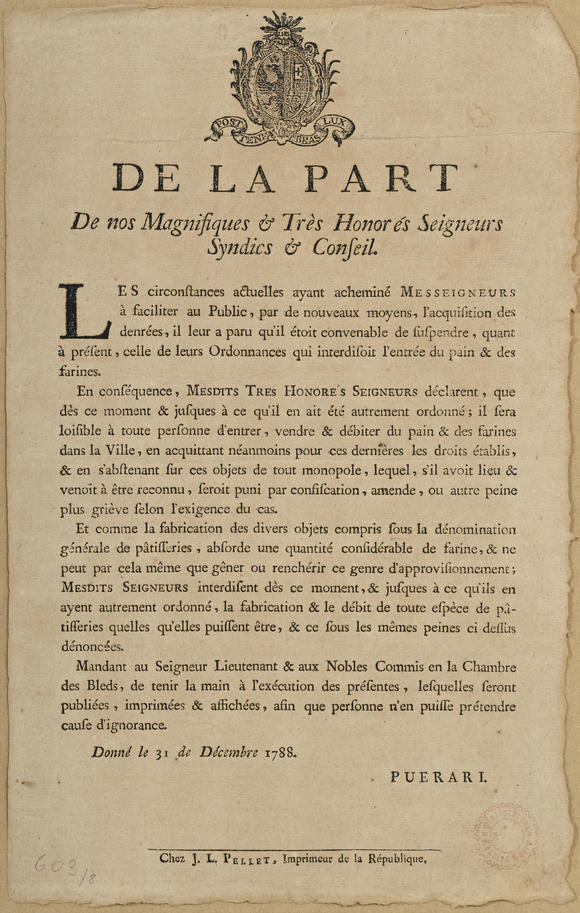 Piguet - H?tel des VentesHELVETICA. édit de Genève de 1788 relatif à la régulation de l'approvisionnement de la farine, 23x36,5 cm, encadré