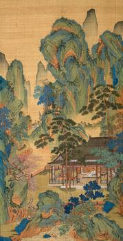 謝遂（清）　青綠山水　絹本立軸