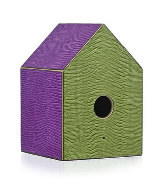 Hermès, bo?te à mouchoirs en forme de nichoir, gainé de lézard Varan vert et violet, commande spéciale, 20,5x14x14 cm