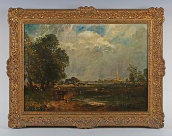 After John Constable - Distant view of Salisbury Cathedral, oil on c