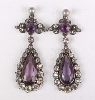 A pair of gold backed and silver set, diamond and amethyst drop shap