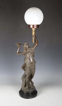 A late 19th century cast spelter figural table lamp in the form of a