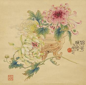 鄭乃珖 菊花延年圖 紙本掛軸