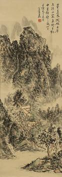 黃賓虹 山水圖 紙本掛軸 日本桐箱附