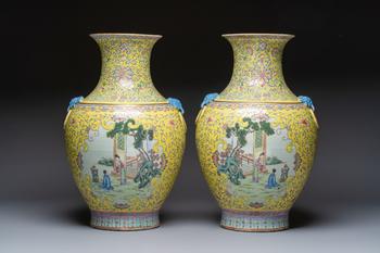 A pair of large Chinese famille rose yellow-ground 'Hu' vases with narrative design, Qianlong mark, Republic