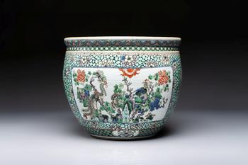 A Chinese famille verte 'Phoenixes and Mountainous Landscape' fish bowl or jardinière, 19th C.