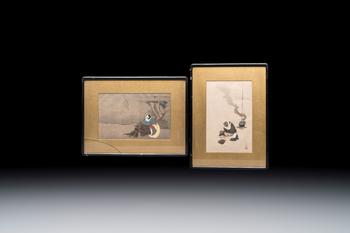 After Katsushika Hokusai (1760–1849): 'Dream of the Rush Gatherer' and 'Badger with Tea Kettle', woodblock prints, Japan, Meiji, 19/20th C.