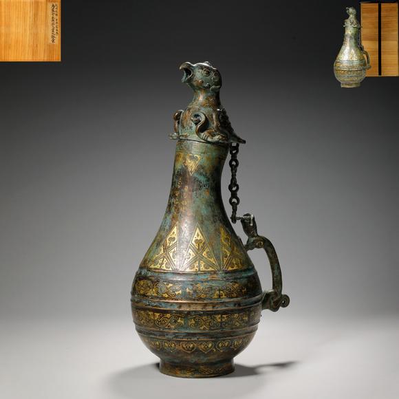 東京銀座（古美術(shù)宋磁）戰(zhàn)國 銅錯(cuò)金鳥蓋壺