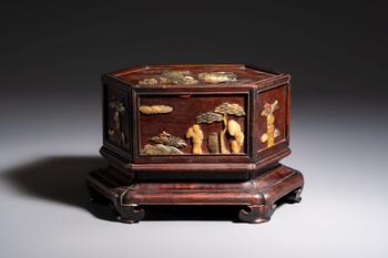 A Chinese soapstone-embellished hongmu 'Antiquities' box and cover, 19th C.