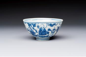 A Chinese blue and white 'Ba Xian Zhu Shou 八仙祝壽' bowl, Wanli mark and of the period