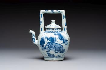 A Chinese blue and white 'Mythical Beasts' wine pot and cover, Transitional period