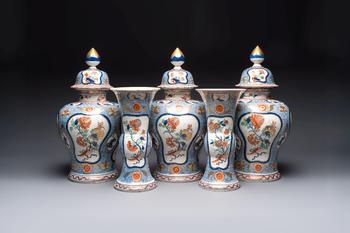 An exceptional polychrome Dutch Delft five-piece garniture in Chinese Kangxi style, first quarter 18th C.
