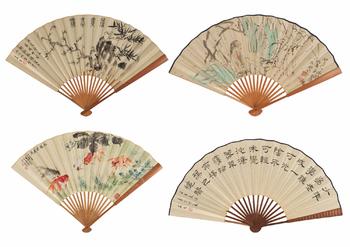 王福廠（1879-1960）、汪亞塵（1894-1983）、溥傑（1907-1994）、李燕生（1953-）書畫成扇四把