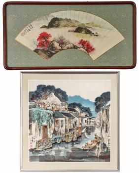 黃幻吾（1906-1985） 嶺南山水扇面、孫心華（1945-） 水鄉(xiāng)人家