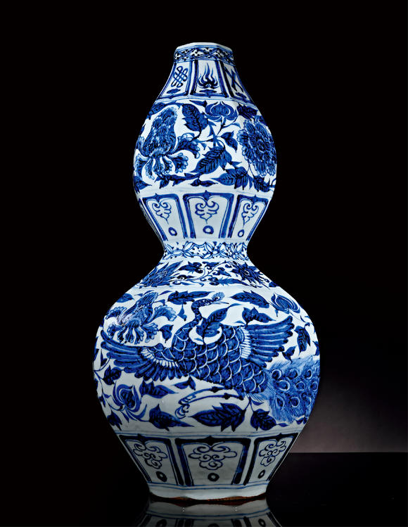 中古陶元 青花孔雀牡丹紋八方葫蘆瓶