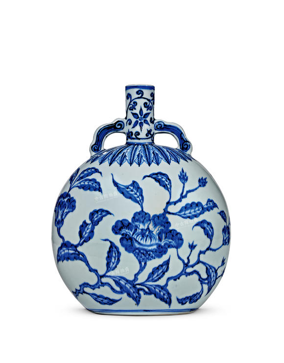 中古陶明永樂(lè) 青花折枝茶花紋如意耳扁壺