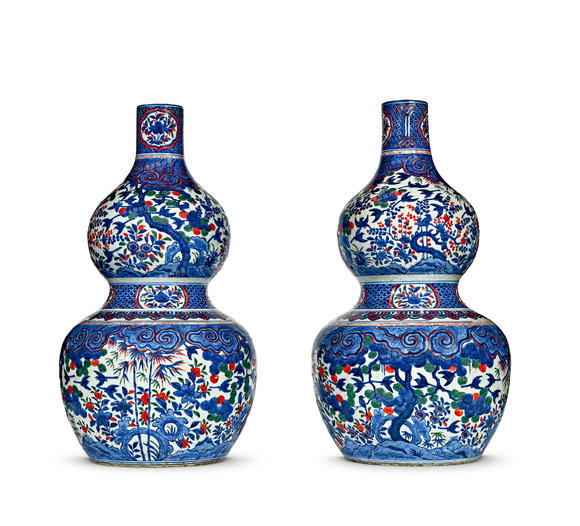 中古陶明嘉靖 青花五彩五十九喜鵲梅紋祝壽葫蘆瓶（一對(duì)）