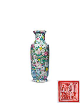 民國 粉彩百花不落地棒槌瓶
