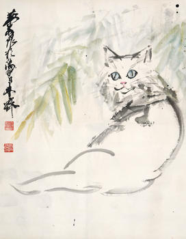 黃胄  白貓
