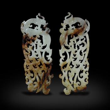 漢 白玉鏤雕龍鳳紋佩一對