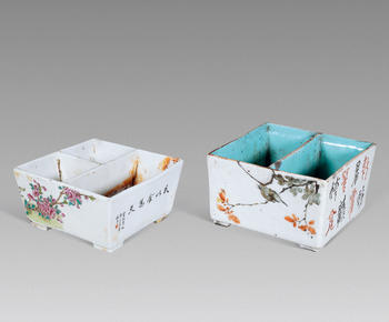 粉彩花卉紋畫隔碟 淺絳花鳥紋畫隔碟兩件