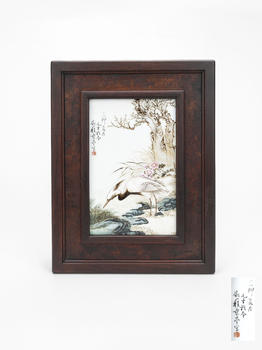 粉彩松鶴延年圖瓷板“程意亭”款