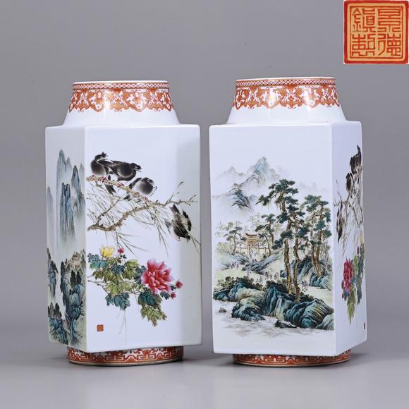 香港華輝|香港華輝 2026夏季精品拍賣會(huì)釉上彩山水花鳥琮瓶 一對 "張景壽"款