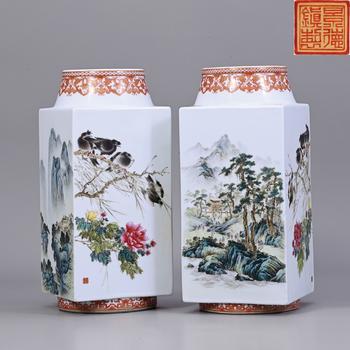 釉上彩山水花鳥琮瓶 一對(duì) "張景壽"款