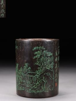吳大溦作款沉香刻風(fēng)景詩(shī)文筆筒