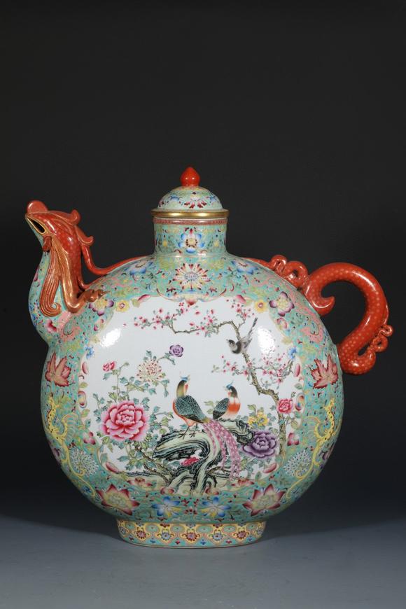 清代松石绿地珐琅彩金边西番莲开光花鸟凤凰描金壶