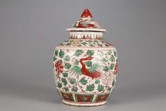 明万历红绿彩凤凰盖罐