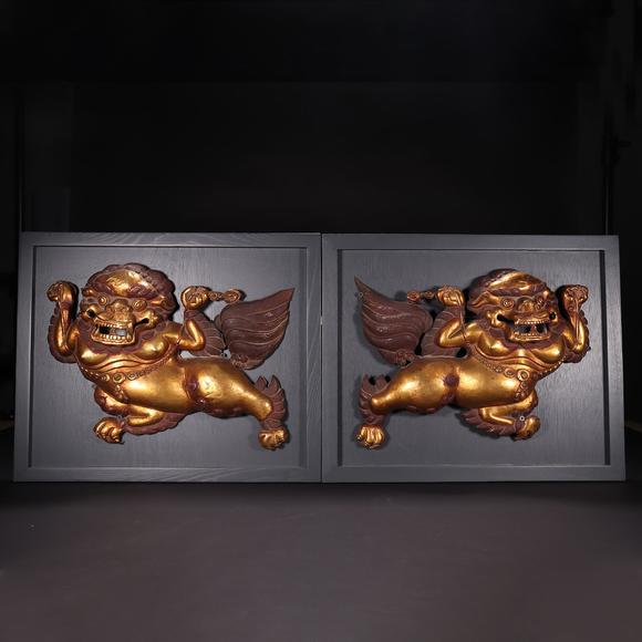 清铜鎏金雪狮一对