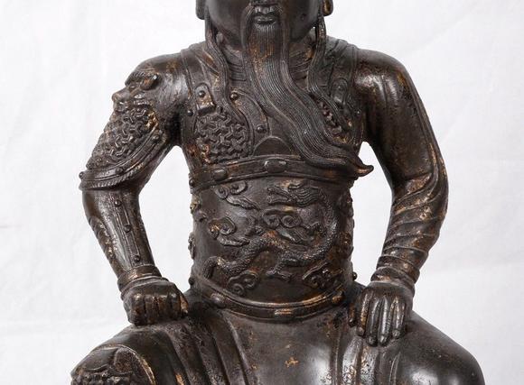 旧藏精铜铸造铜泥金镇宅文关公坐像