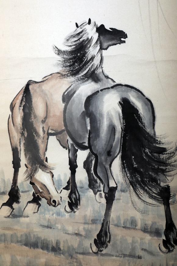 日本松町古美徐悲鸿 柳荫双骏图