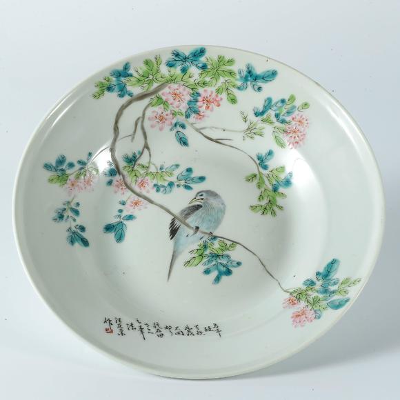民国汪友业浅绛彩花鸟纹盘
