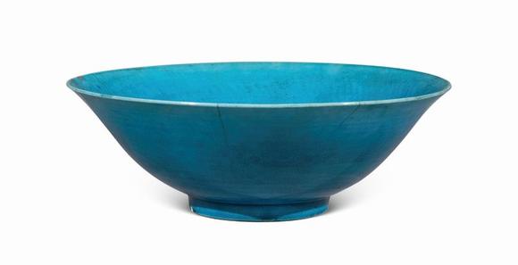 天一藏古清康熙 孔雀蓝釉斗笠碗