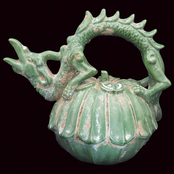 书画艺拍唐翡翠绿釉龙柄瓜棱纹提梁倒流壶
